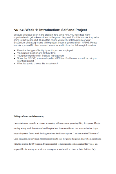 NR 533 Week 1 Collaboration Café: Introducing Self and Project