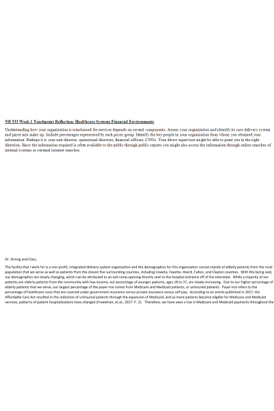 NR 533 Week 1 Touchpoint Reflection; Healthcare Systems Financial Environments