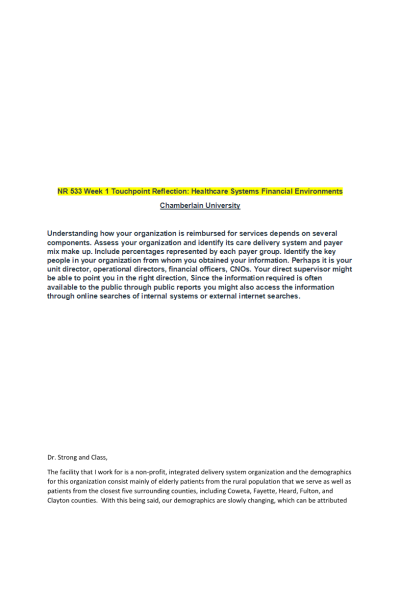 NR 533 Week 1 Touchpoint Reflection; Healthcare Systems Financial Environments