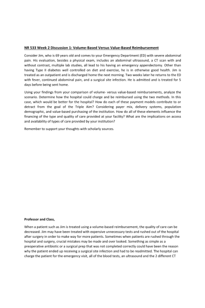NR 533 Week 2 Discussion; Volume-Based Versus Value-Based Reimbursement