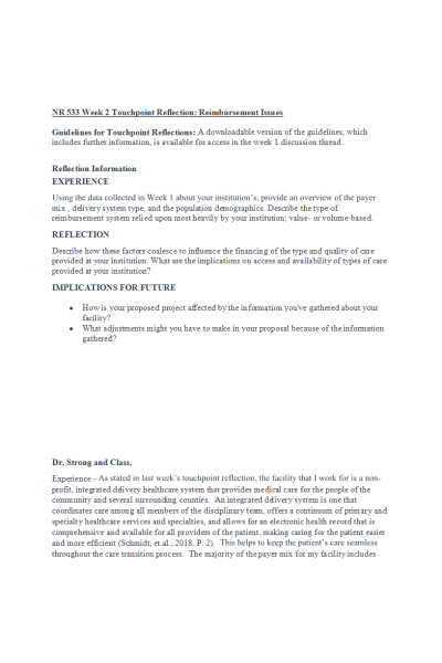 NR 533 Week 2 Touchpoint Reflection; Reimbursement Issues 