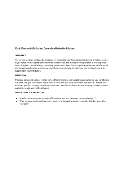 NR 533 Week 3 Touchpoint Reflection; Financial and Budgeting Principles