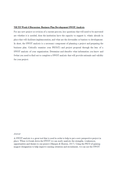 NR 533 Week 6 Discussion; Business Plan Development; SWOT Analysis (2 Versions)
