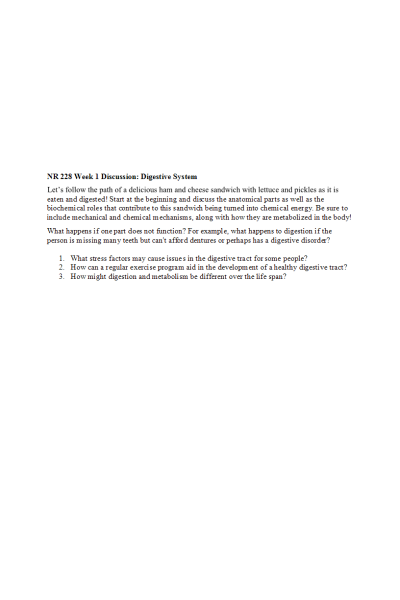 NR 228 Week 1 Discussion; Digestive System (With Response)