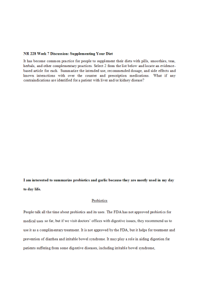 NR 228 Week 7 Discussion; Supplementing Your Diet (With Response)