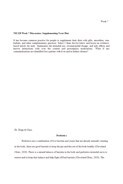 NR 228 Week 7 Discussion; Supplementing Your Diet