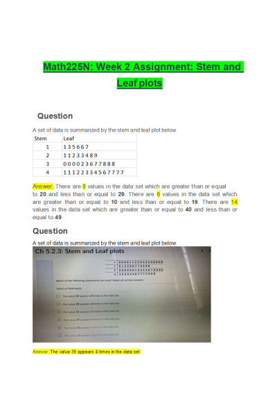 MATH 225N Week 2 Assignment; Stem and Leaf plots