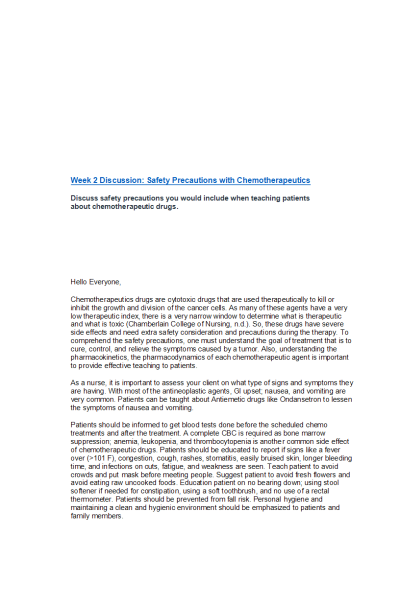 NR 293 Week 2 Discussion; Safety Precautions with Chemotherapeutics