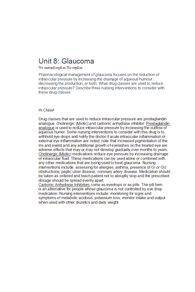 NR 293 Week 8 Discussion; Glaucoma