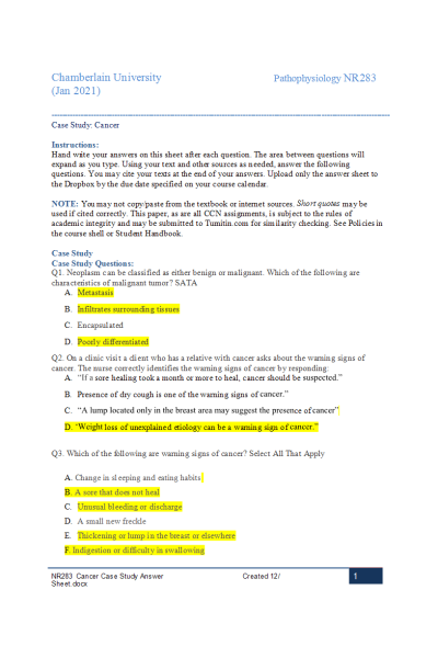 NR 283 Week 2 Assignment; Cancer Case Study; Handwriten Answer Sheet