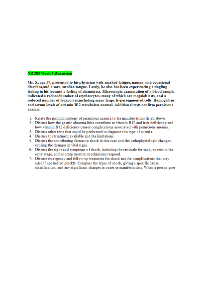 NR 283 Week 4 Discussion; Relate the pathophysiology of pernicious anemia