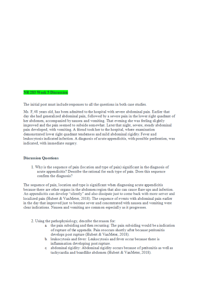 NR 283 Week 5 Discussion; Ms. F, 48 years old, has been admitted to the hospital
