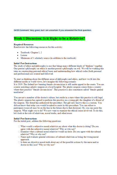 ETHC 445N Week 1 Discussion & Follow-ups; Is it Right to be a Relativist