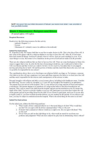 ETHC 445N Week 2 Discussion & Follow-ups; Religion and Ethics