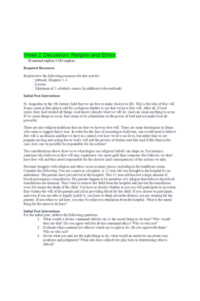 ETHC 445N Week 2 Discussion; Religion and Ethics