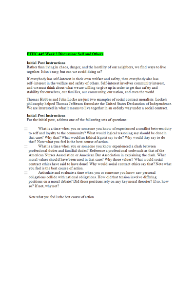 ETHC 445N Week 3 Discussion; Self and Others
