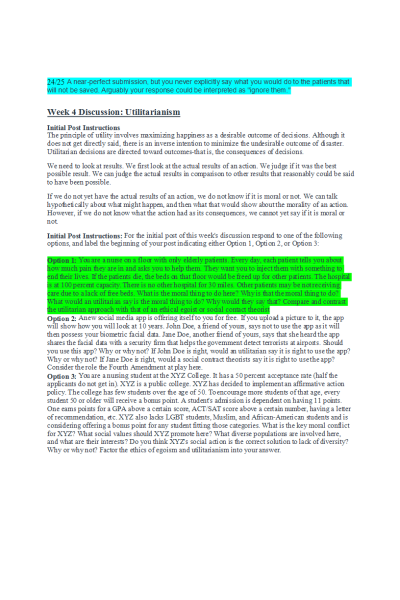 ETHC 445N Week 4 Discussion & Follow-up; Utilitarianism