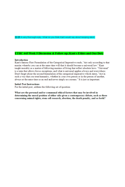 ETHC 445N Week 5 Discussion & Follow-up; Kant s Ethics and Our Duty