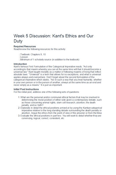 ETHC 445N Week 5 Discussion; Kant s Ethics and Our Duty