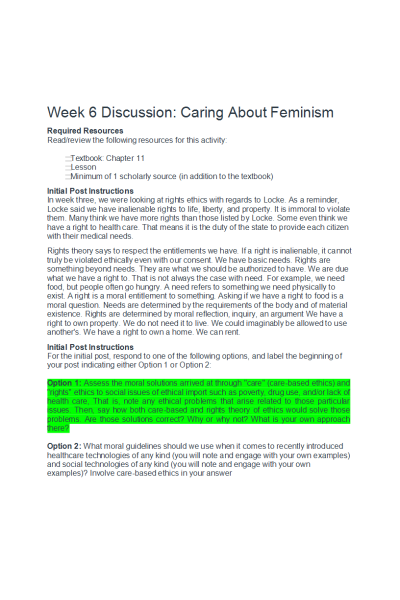 ETHC 445N Week 6 Discussion; Caring About Feminism - Option 1