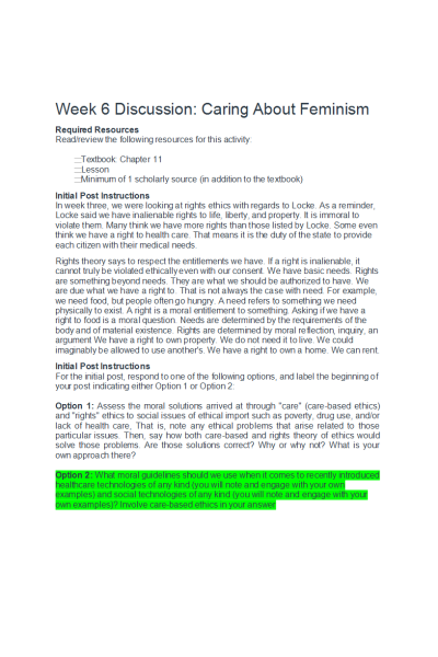 ETHC 445N Week 6 Discussion; Caring About Feminism - Option 2