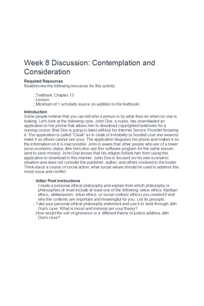 ETHC 445N Week 8 Discussion; Contemplation and Consideration