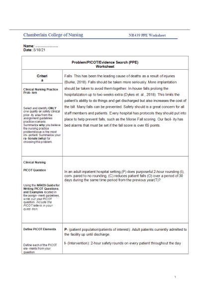 NR 439 Week 3 Assignment; Problem-PICOT-Evidence Search (PPE) Worksheet - In-house Falls: Jan 2022