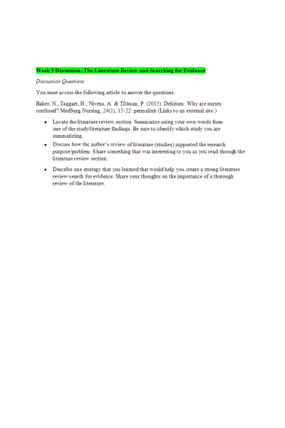 NR 439 Week 3 Discussion Question; The Literature Review and Searching for Evidence: Jan 2022