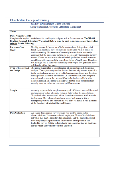 NR 439 Week 6 Assignment; Reading Research Literature (RRL) Worksheet: Jan 2022