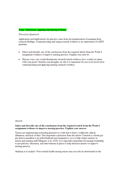 NR 439 Week 7 Discussion Question; Applying and Sharing Evidence: Jan 2022