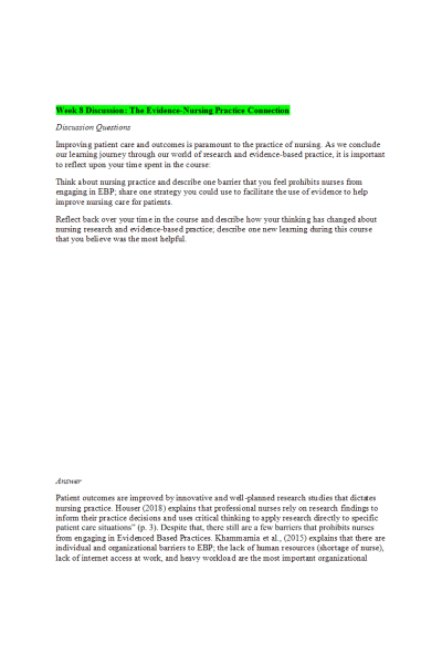 NR 439 Week 8 Discussion Question; The Evidence-Nursing Practice Connection: Jan 2022
