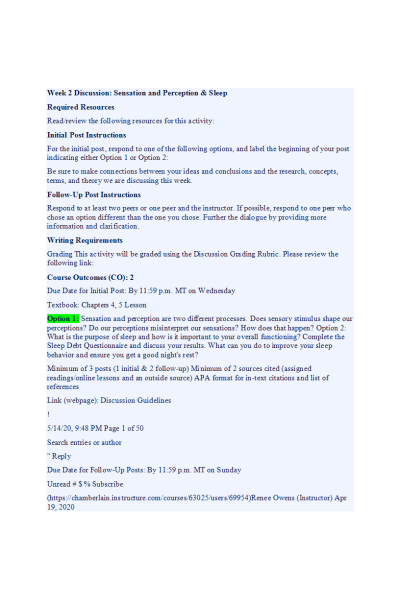 PSYC 110N Week 2 Discussion; Sensation and Perception & Sleep; Including Responses (Option 2; Sleep)