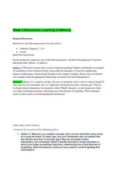 PSYC 110N Week 3 Discussion; Learning & Memory (Option 2)