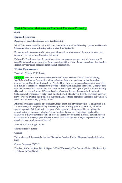 PSYC 110N Week 4 Discussion; Motivation and Emotion & Theories of Personality; With Responses (Option 1)