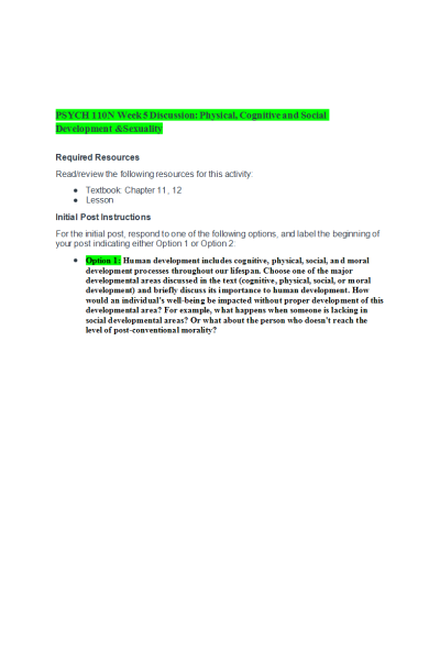 PSYC 110N Week 5 Discussion; Physical, Cognitive and Social Development & Sexuality (Option 1)