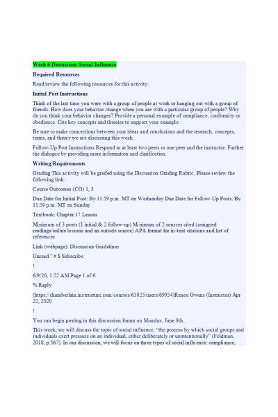 PSYC 110N Week 6 Discussion; Social Influence (With Responses)