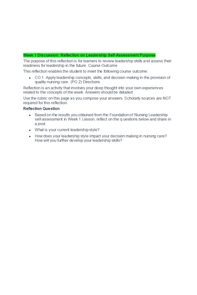 NR 447 Week 1 Discussion; Reflection on Leadership Self-Assessment