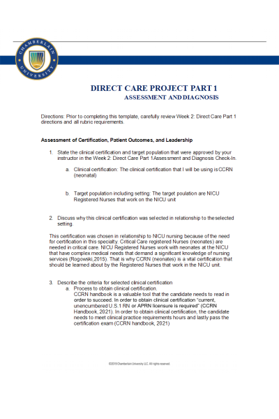 NR 447 Week 2 Assignment; Direct Care Project Part 1; Assessment and Diagnosis