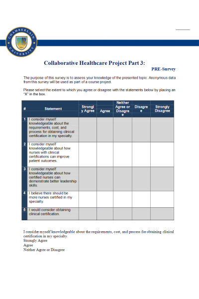 NR 447 Week 5 Assignment; Collaborative Healthcare Project Part 3 ; PRE-Survey