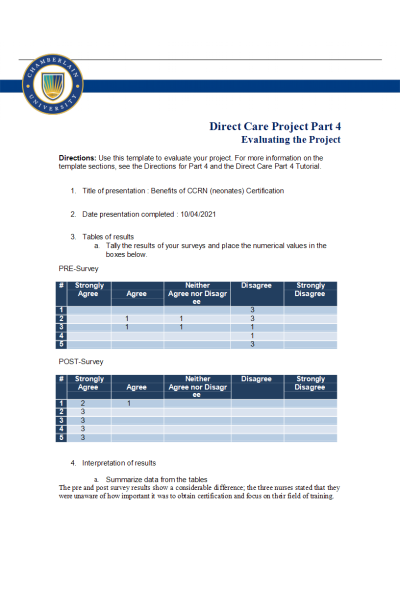 NR 447 Week 6 Assignment; DIRECT CARE PROJECT PART 4 - Evaluating the Project