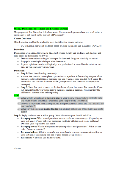 NR 447 Week 3 Discussion; Procedures and Evidence (Question to answer A-M)