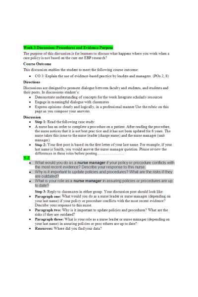 NR 447 Week 3 Discussion; Procedures and Evidence (Question to answer N-Z)