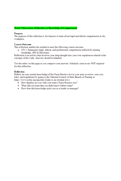NR 447 Week 5 Discussion; Reflection on Knowledge of Competencies