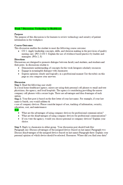 NR 447 Week 7 Discussion; Technology in Healthcare (Question to answer N-Z)