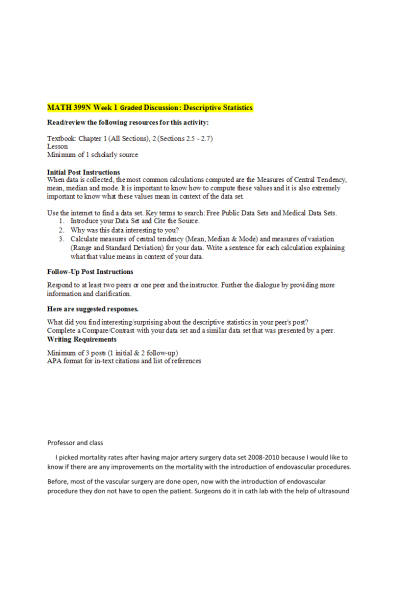 MATH 399N Week 1 Discussion; Descriptive Statistics