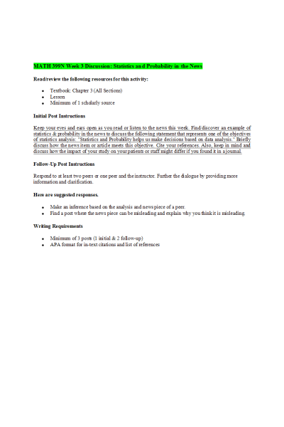MATH 399N Week 3 Discussion; Statistics and Probability in the News