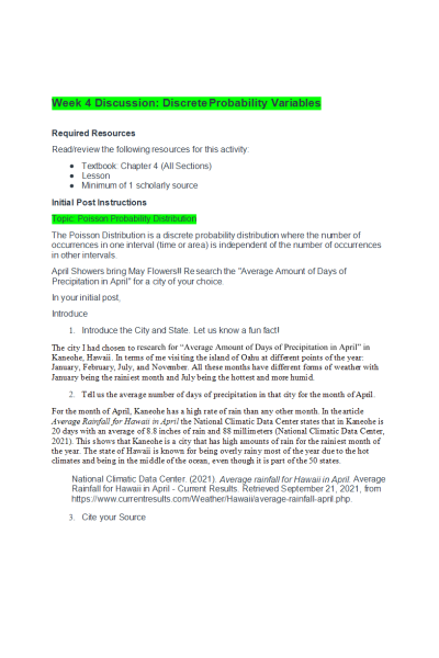 MATH 399N Week 4 Discussion; Discrete Probability Variables