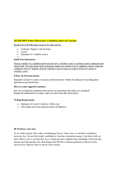 MATH 399N Week 6 Discussion; Confidence Interval Concepts