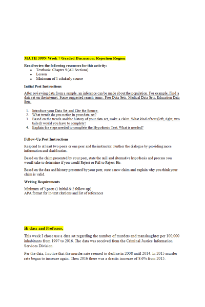 MATH 399N Week 7 Discussion; Rejection Region