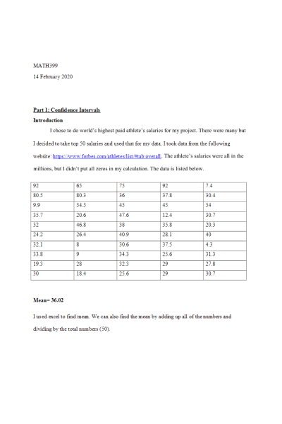 MATH 399N Week 6 Assignment; Course Project Part 1; Confidence Intervals - Worlds highest paid athlete’s salaries
